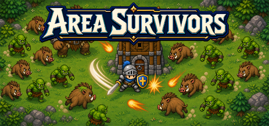 中央の塔を背に騎士が敵の大群と戦うArea Survivorsの公式キーアート