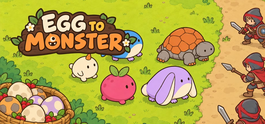 卵のかごと色とりどりのモンスター、敵兵を描いたEgg to Monsterの公式キーアート